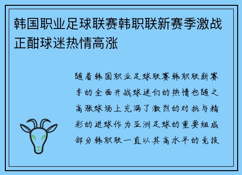 韩国职业足球联赛韩职联新赛季激战正酣球迷热情高涨