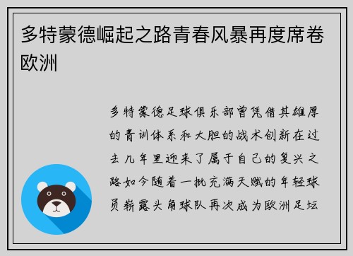 多特蒙德崛起之路青春风暴再度席卷欧洲