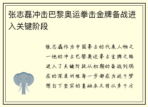 张志磊冲击巴黎奥运拳击金牌备战进入关键阶段